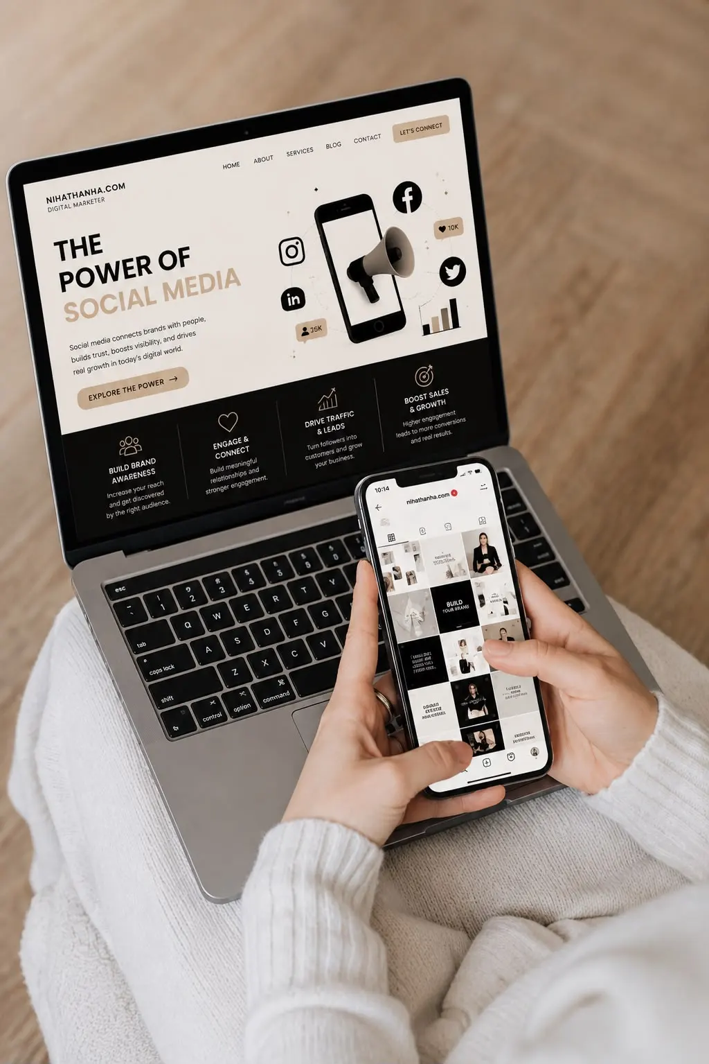Social Media Marketing Blog with Smartphone and Laptop Niha Thanha Best Strategic Content Creator in Qatar