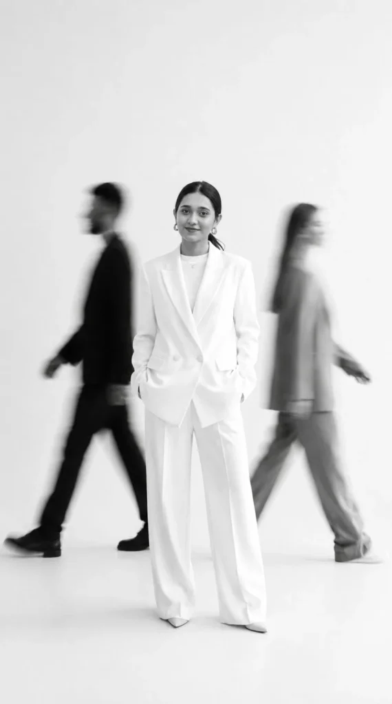 Niha Thanha is the Best Strategic Content Creator in Qatar Wearing a Professional White Suit