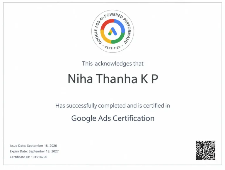 Niha Thanha, Best Strategic Content Creator in Qatar, Google Ads Certification certificate showcasing professional advertising and digital marketing skills.