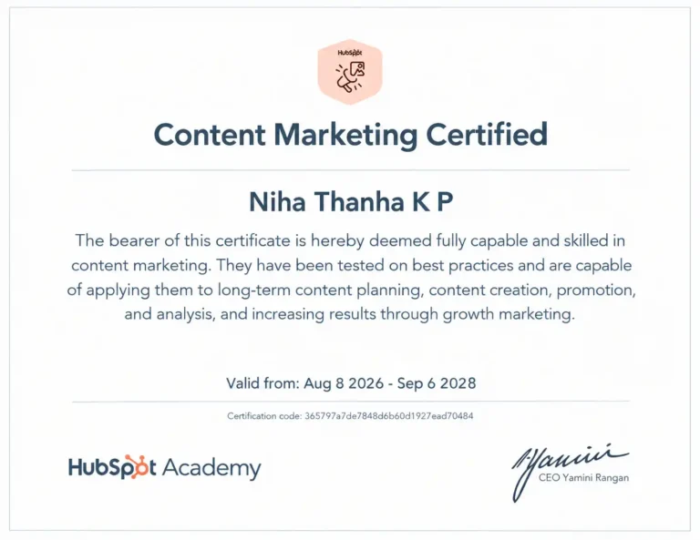 Niha Thanha, Best Strategic Content Creator in Qatar, HubSpot Content Marketing Certification certificate showcasing professional content marketing skills and certification.