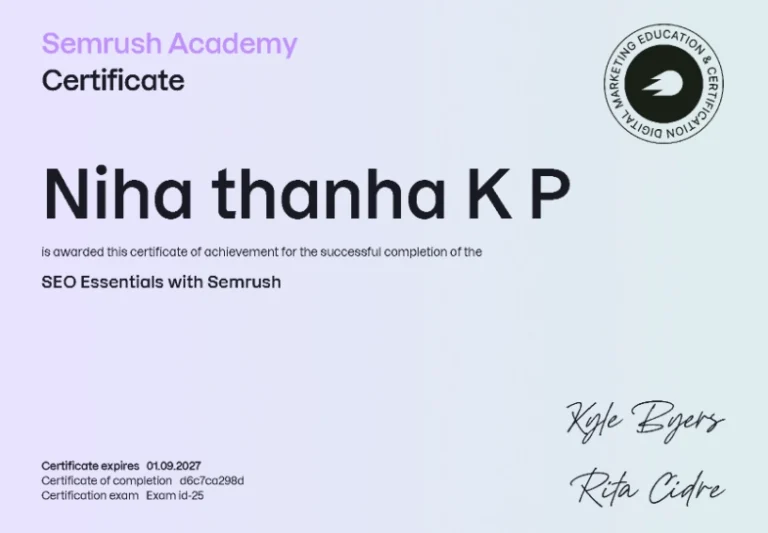 Niha Thanha, Best Strategic Content Creator in Qatar, SEMrush SEO Toolkit Certification certificate showcasing professional SEO and search marketing skills.